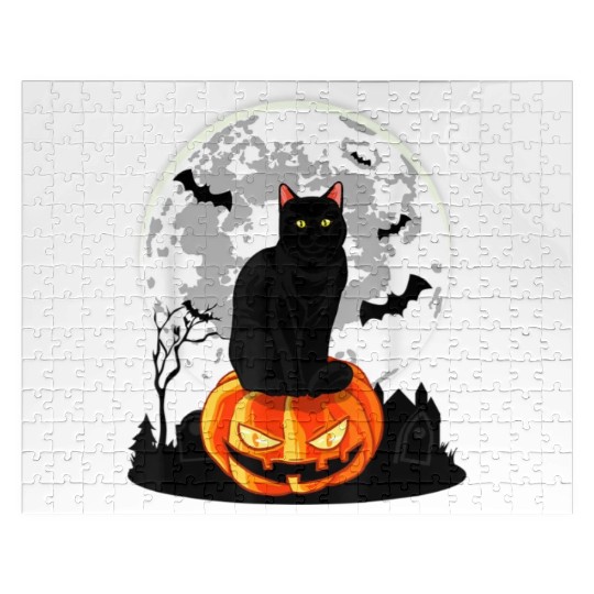 Black Cat On Pumpkin Jigsaw Puzzles Full Moon Halloween