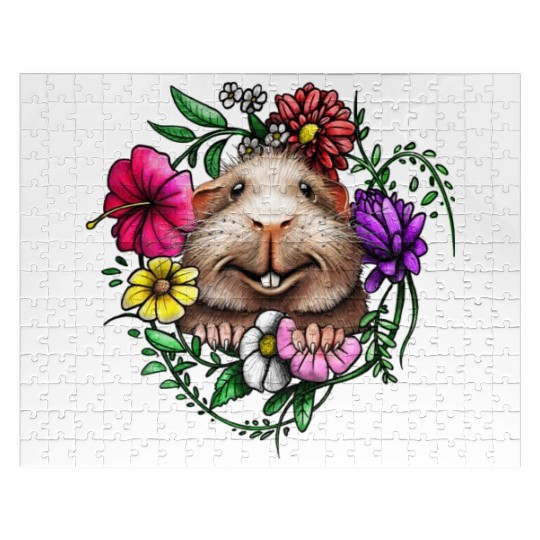 Smooth Hair Guinea Pig With Colorful Flowers Jigsaw Puzzles