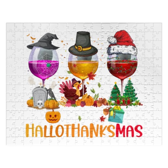 Wine Glasses Witch Santa hat Happy Hallothanksmas Jigsaw Puzzles