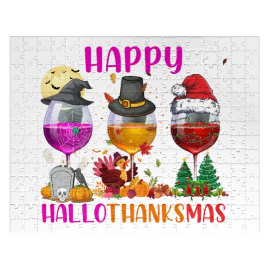 Happy Hallothanksmas Wine Lover Halloween Thankful Jigsaw Puzzles