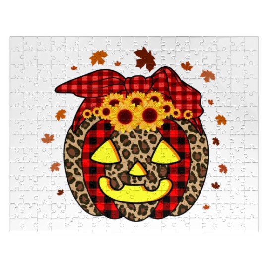Pumpkin Jack O' Lantern Leopard Plaid Halloween Jigsaw Puzzles