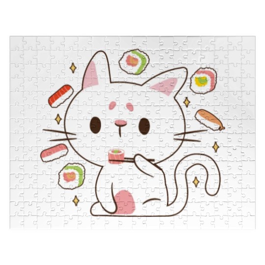 Kawaii Cat Eating Sushi Japanese Raw Food Jigsaw Puzzles