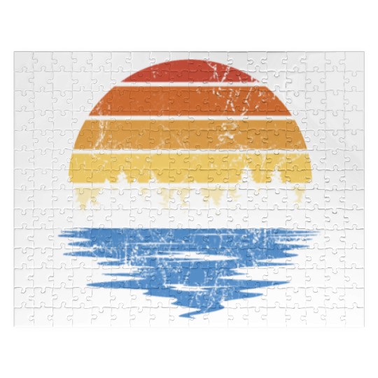 RETRO FOREST WITH LAKE IN SUNSET VINTAGE Jigsaw Puzzles