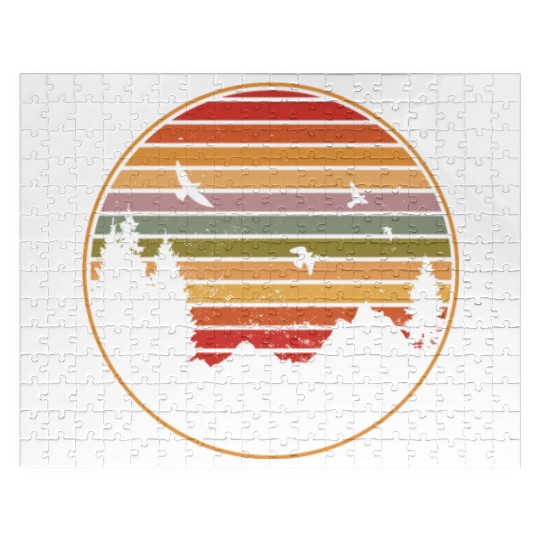 RETRO FOREST WITH BIRDS IN THE SUNSET Jigsaw Puzzles