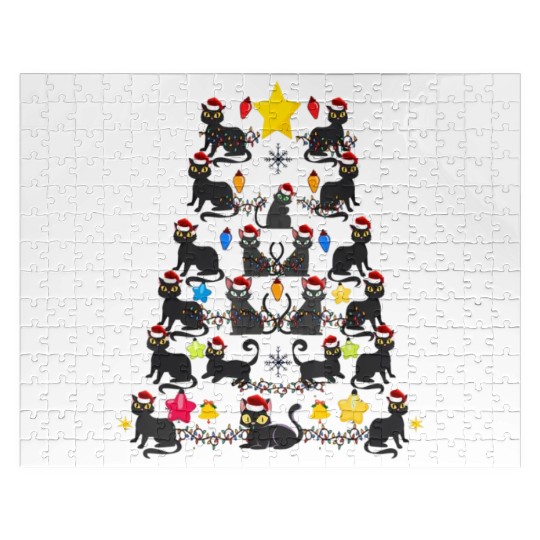 Black Cat christmas light funny cat lover Jigsaw Puzzles