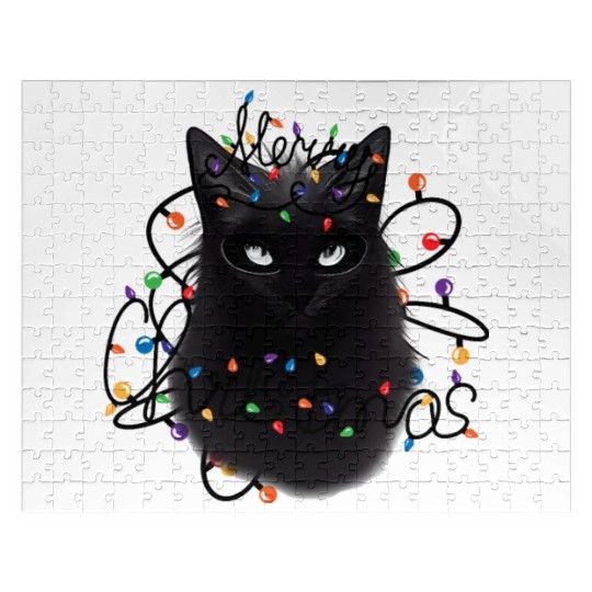 Black Cat christmas light Jigsaw Puzzles