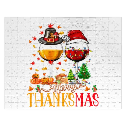Merry Thanksmas Santa Hat Thanksgiving Christmas Jigsaw Puzzles