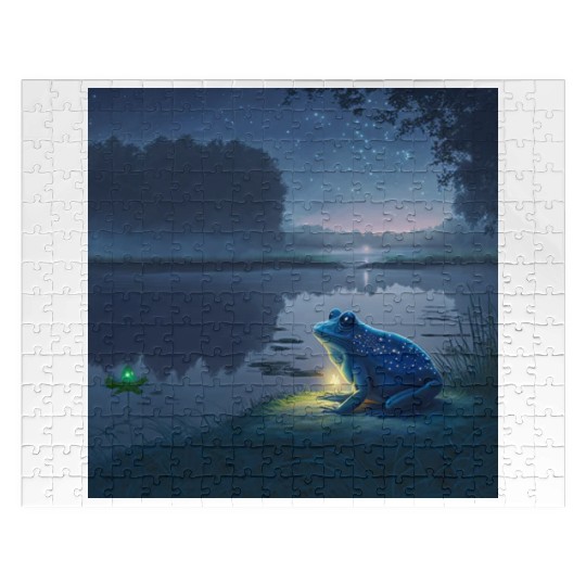 Blue Frog and Firefly on a pond at Night Jigsaw Puzzles