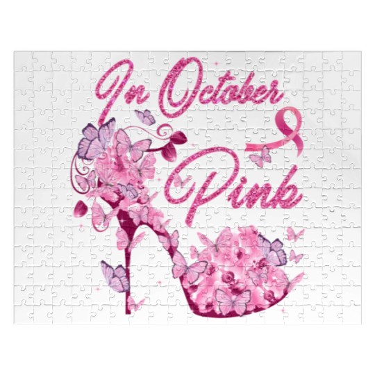In October We Wear Pink Butterflies Breast Cancer Jigsaw Puzzles