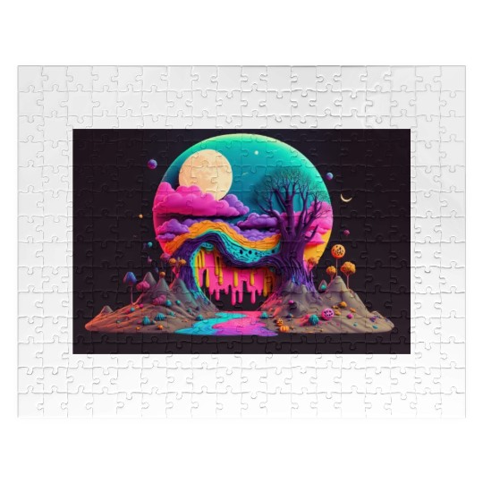 Spooky Full Moon Psychedelic Landscape Paint Drips Jigsaw Puzzles