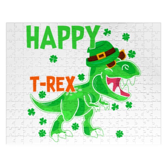 Happy St Pat T-Rex Saint Patrick's Day Dinosaur Bo Jigsaw Puzzles