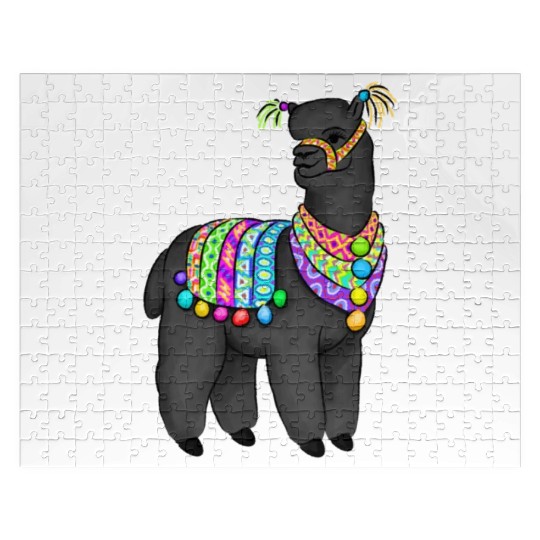 Black Alpaca in Peruvian folk colors and tassels Jigsaw Puzzles