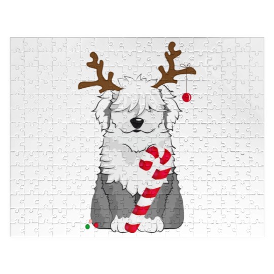 Bobtail dog with candy cane and reindeer antlers Jigsaw Puzzles
