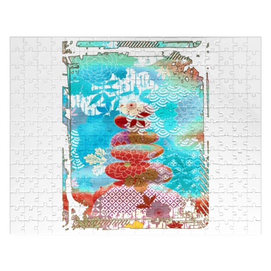 Japan Zen Buddhism Balancing Stones Rocks Cherry Jigsaw Puzzles