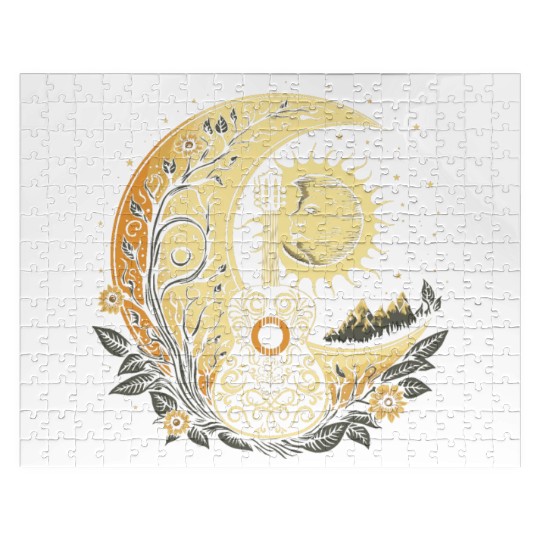 Cottagecore Acoustic Guitar With Moon, Sun, Stars Jigsaw Puzzles