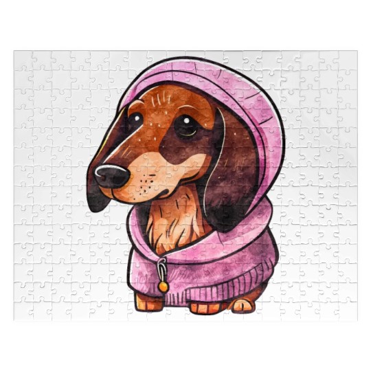 Watercolor Dachshund Wearing Pink Jigsaw Puzzles