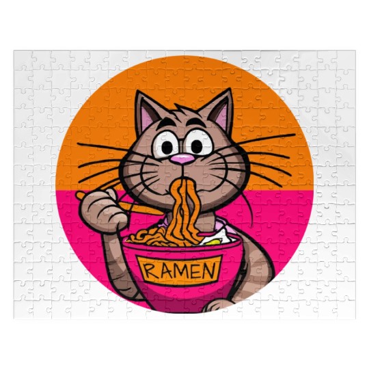 Colorful Ramen Cat Orange and Pink Jigsaw Puzzles