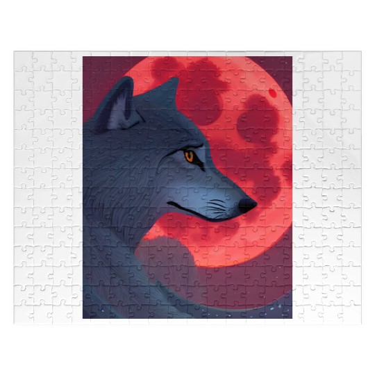A Grey Wolf Staring at a Blood Moon Jigsaw Puzzles