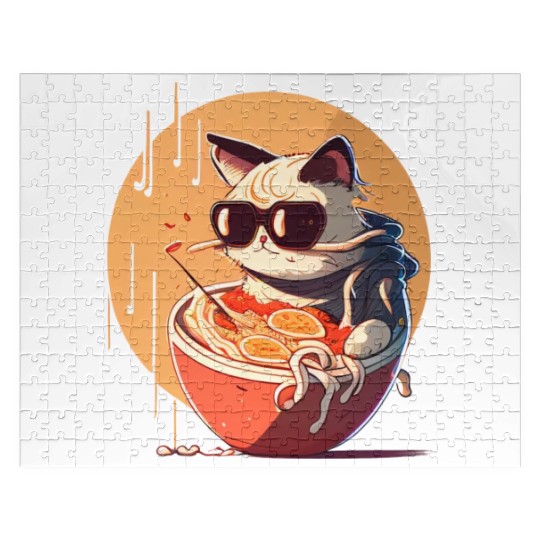 cat eating Chinese food,cute design for Meow lover Jigsaw Puzzles