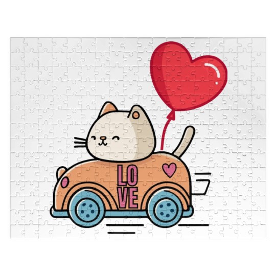 Cute cat in the love car, and love balloon - white Jigsaw Puzzles