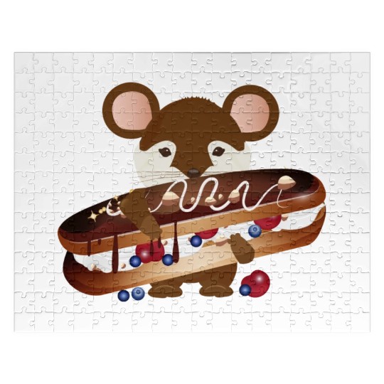 cute mouse with delicious chocolate eclair Jigsaw Puzzles