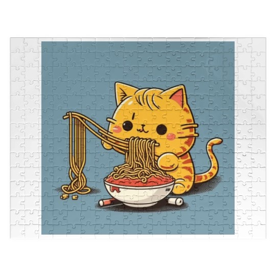 Japanese cat eating spaghetti Jigsaw Puzzles