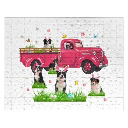 Truck With Border Collie Dogs Lover Bunny Easter Jigsaw Puzzles