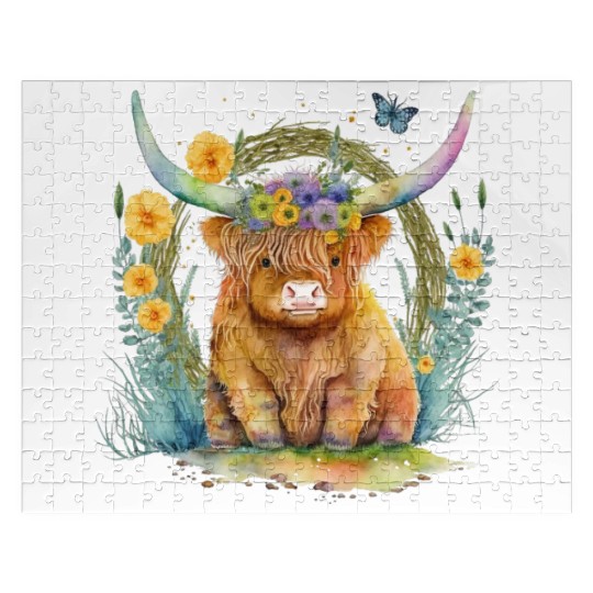 Highland Cow With Colorful Flowers Jigsaw Puzzles