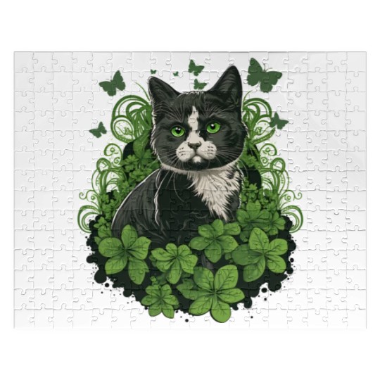 Black and white cat with ivy and butterflies Jigsaw Puzzles