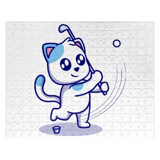 Cute cat playing golf cartoon icon illustration Jigsaw Puzzles