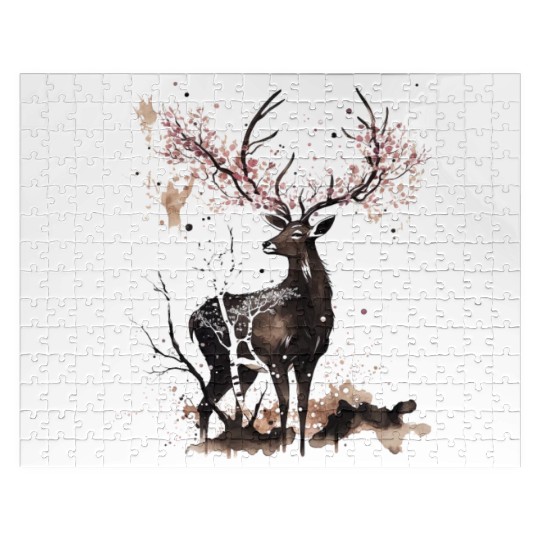 Deer Cherry blossoms Sakura tree Sumie Jigsaw Puzzles