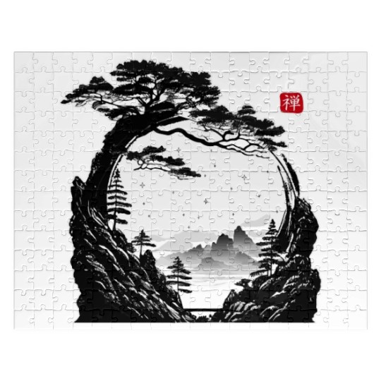 Japanese Zen Circle Landscape Buddhism Bonsai Tree Jigsaw Puzzles