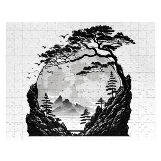 Japanese Mountain Landscape Gothic Full Moon Fores Jigsaw Puzzles