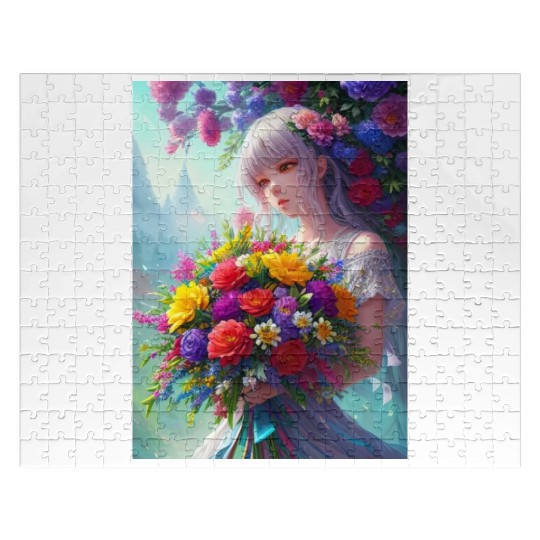 Spring Girl with a bouqet of flowers garland #2 Jigsaw Puzzles