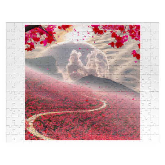 Misty Mountain Cherry Blossom Landscape Jigsaw Puzzles