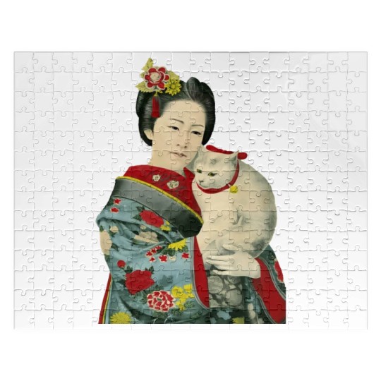 Geisha Cat Kimono Japanese Vintage Art Jigsaw Puzzles