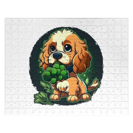 Cute dog eats green broccoli vegetables Jigsaw Puzzles