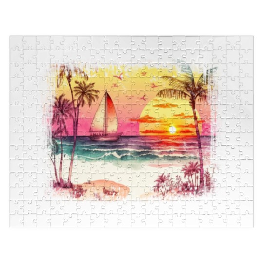 Beach Sunset Watercolor Design Art Jigsaw Puzzles