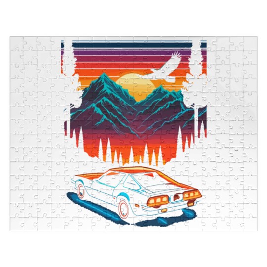 1980s Muscle Car and Retro Neon Mountain Sunset Jigsaw Puzzles