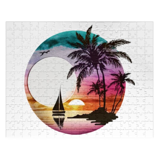 Beach Sunset Sailboat Palm Trees Ocean Vacation 3 Jigsaw Puzzles