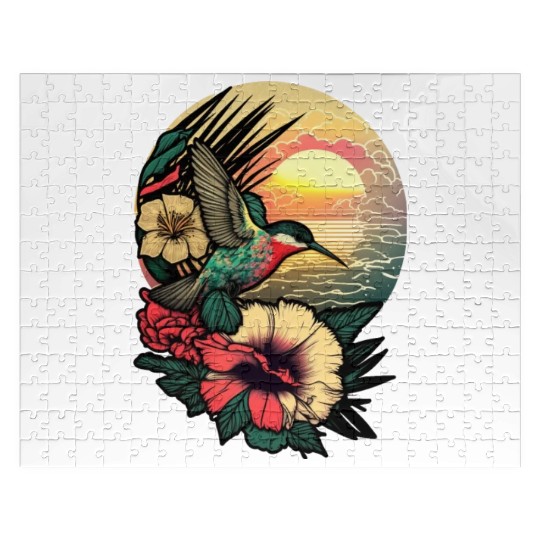 Hummingbird flies over hibiscus flower Tropical Jigsaw Puzzles