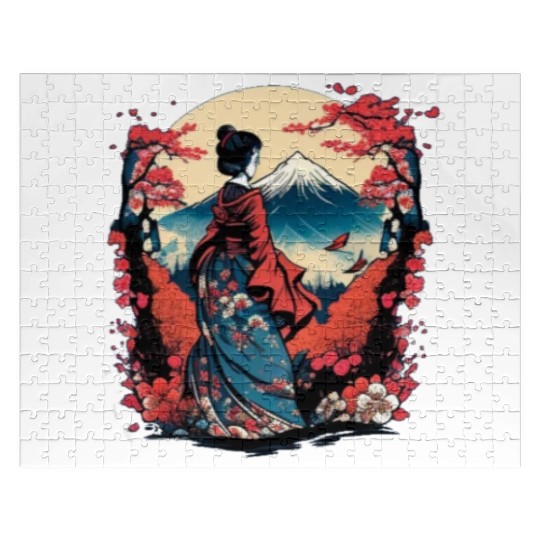 Mount Fuji Fujisan Fujiyama Floral Geisha Jigsaw Puzzles