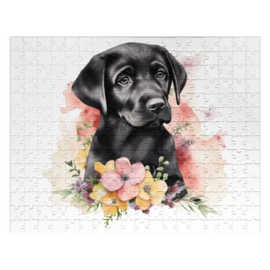 Black Lab Dog Watercolor Floral Jigsaw Puzzles