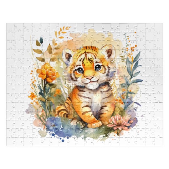Baby Tiger Safari Animal Watercolor Floral Jigsaw Puzzles