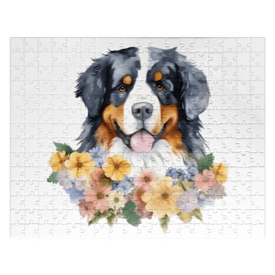 Bernese Mountain Dog Watercolor Floral Jigsaw Puzzles