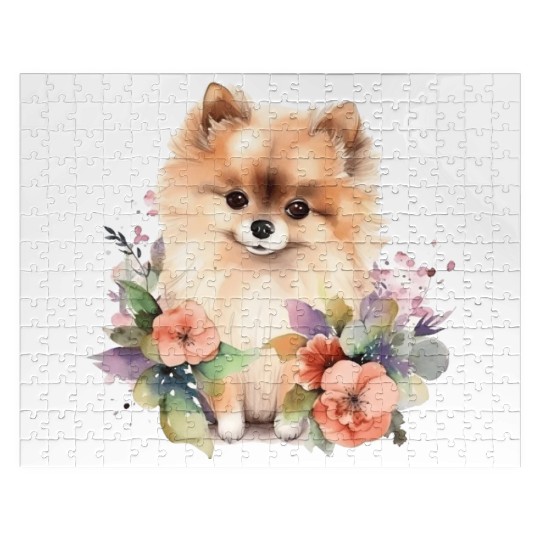 Pomeranian Dog Watercolor Floral Jigsaw Puzzles