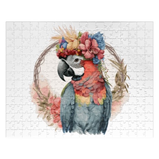Colorful Parrot Watercolor Macaw Bird Flower Crown Jigsaw Puzzles
