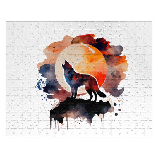 Wolf Howling at Moon Watercolor Jigsaw Puzzles