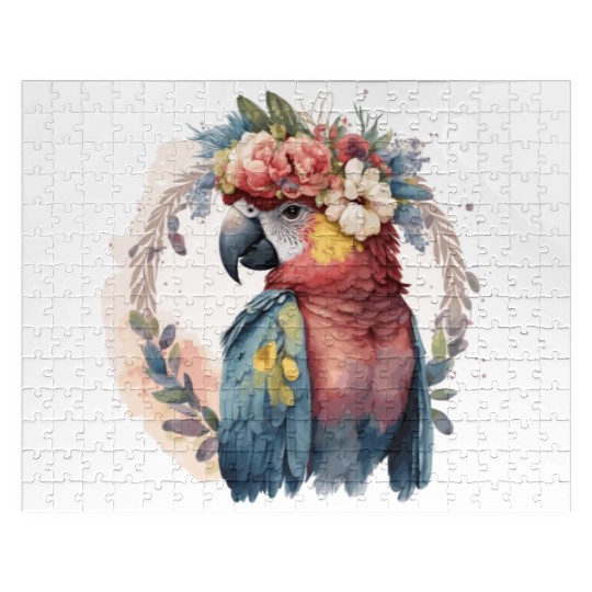 Watercolor Parrot Macaw Bird Flower Crown Pet Bird Jigsaw Puzzles
