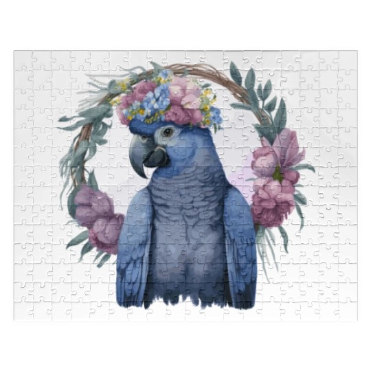 Watercolor Hyacinth Macaw Parrot Bird Flower Crown Jigsaw Puzzles